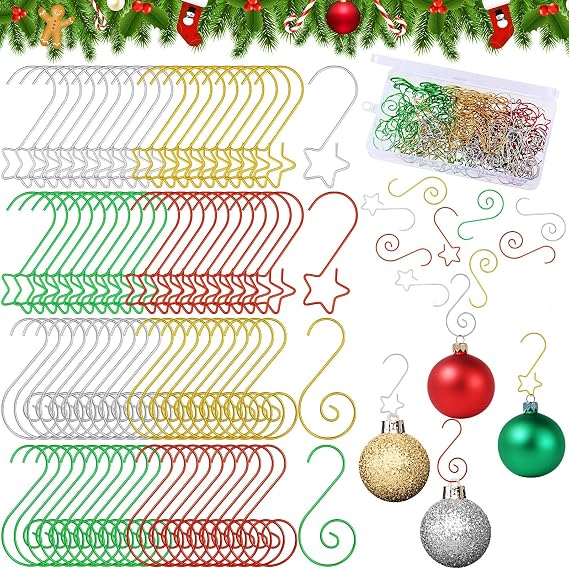 Hotop 160 Pcs Christmas Ornament Hooks Star Swirl Gold, Silver, Red, Green