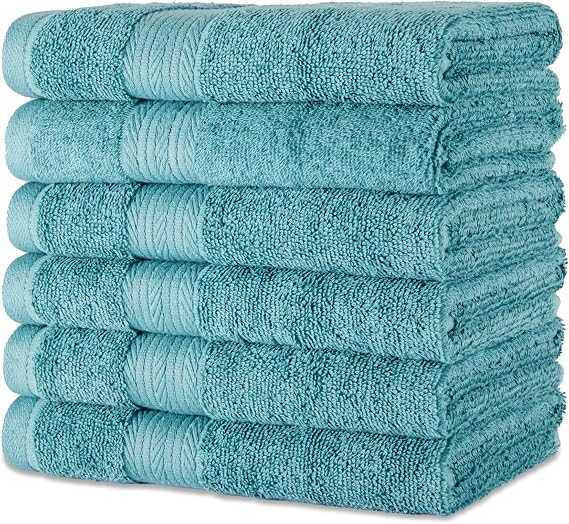 Amazon Basics Organic Cotton Hand Towels for Bathroom, Soft and Absorbent Towel Set, Fade Resistant, 41 x 66 cm, Teal, 6-Pack