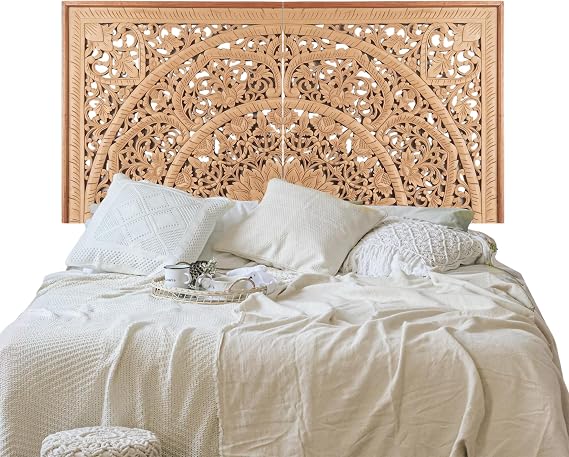 Sumber Natural Personalized Queen Headboard Panels, Custom Engraved Hand Carved Mandala Wall Art, 2 Panels, Hardware Included