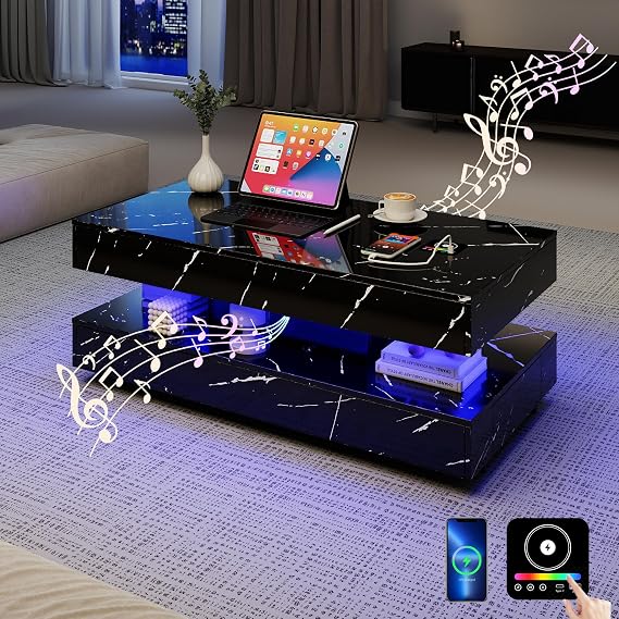 47.2" Smart Coffee Table with LED Lights, Modern High Glossy Marble Coffee Table with Storage, Bluetooth Speaker, Charging Station, Living Room Center Tables for Living Room Furniture
