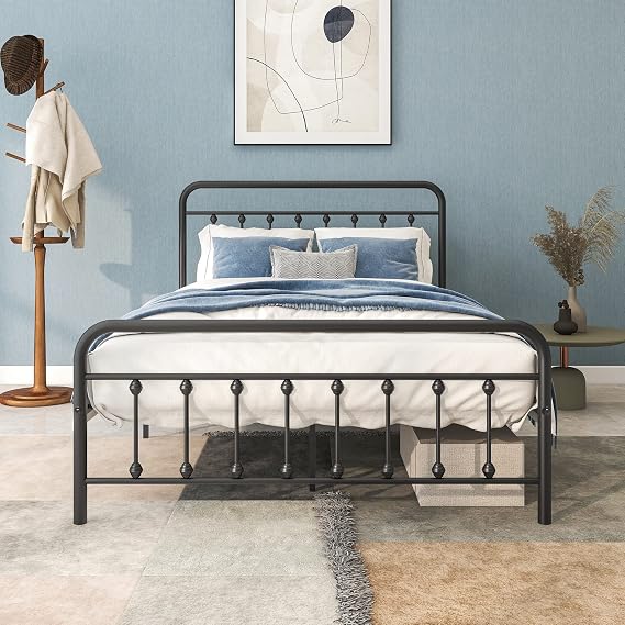 Victorian Style Metal Platform Bed Frame with Ornate Headboard & Footboard, Full-Size Bed with Under-Bed Storage, Mattress Foundation with Metal Slat Support, No Box Spring Needed (Black, Full)