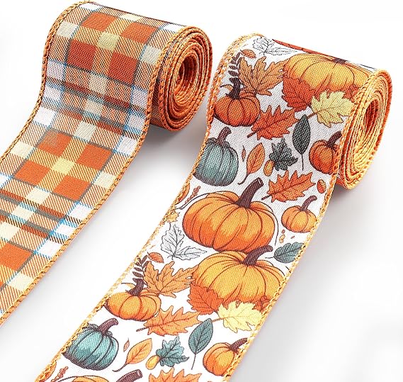 2 Rolls Fall Wired Ribbon 2.56 Inch Wide for Wreath Decor