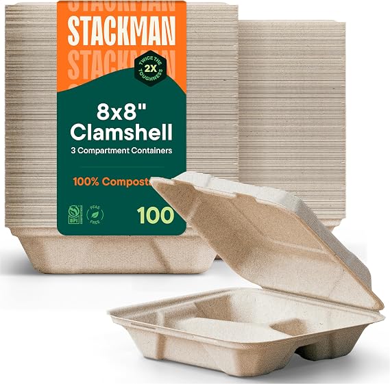 100% Compostable 3-Compartment Clamshell Containers - 8x8 [100-Pack] Boxes