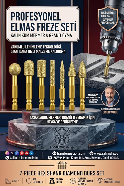 Transformacion 7 Parça Altıgen Hex Şaft Elmas Freze Ucu Seti - Kalın Kum Mermer Granit Seramik Taş Genişletme Oyma Havşa Matkap Ucu BGA Taşlama Matkap Uçları Çapak Alma Seti 723520