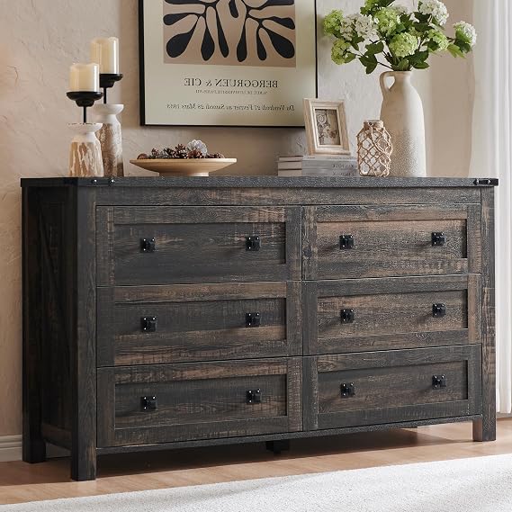 T4TREAM 54" Wide Farmhouse 6-Drawer Dresser for Bedroom, Dark Rustic Oak