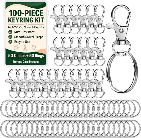 Keyring Making Kit, 100 Pack 50 Keyring Clips + 50 Key Rings for Keychains