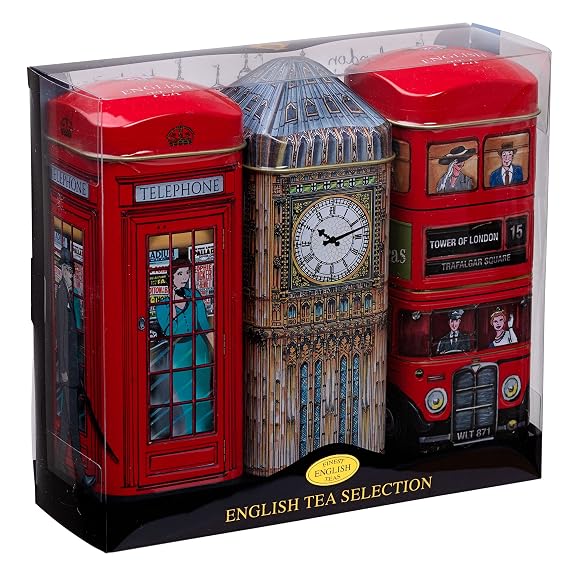 New English Teas 3x London England Tea Tin Selection with 42 Teabags Featuring Big Ben, Red Bus & Telephone Box English Breakfast & London Blend Tea Iconic British Souvenir Gift Set | London Souvenir Gift, Big Ben, Red Bus, Telephone Box English Breakfast Tea