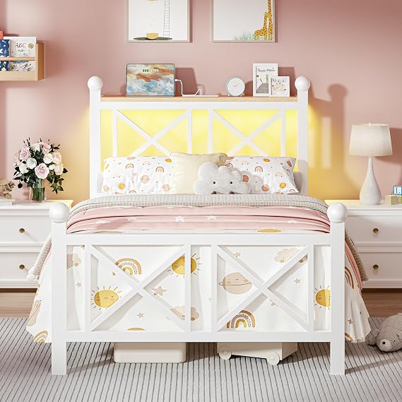 DynJest Twin White Bed Frame with Headboard and Footboard