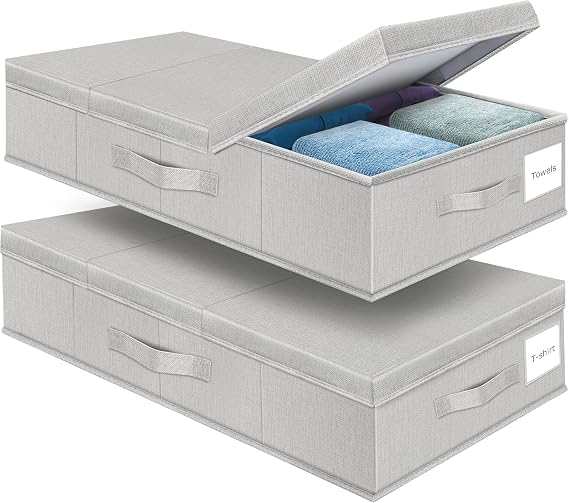 Underbed Storage Containers Bin with Lids (Set of 2) Large Under Bed Storage Organizer Box with Handle, Foldable Sturdy Under The Bed Storage Bags for Organizing Clothes, Blankets, Pillows-Light Grey