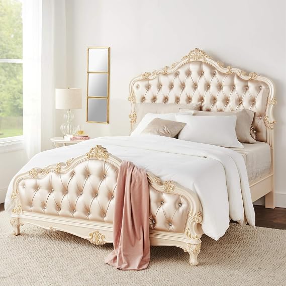 Acme Furniture Chantelle Rose Gold Faux Leather Queen Bed, Pearl White, Model:23540Q