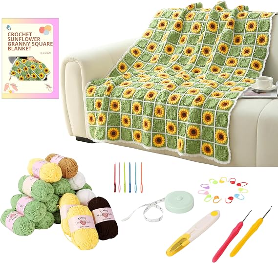 CSWCS Crochet Sunflower Blanket Kit for Beginners, Granny Square Pattern Crochet Yarn Accessories, Instructions Video for Starter, Adult Craft Knitting Kit for DIY Women (Green Sunflower)