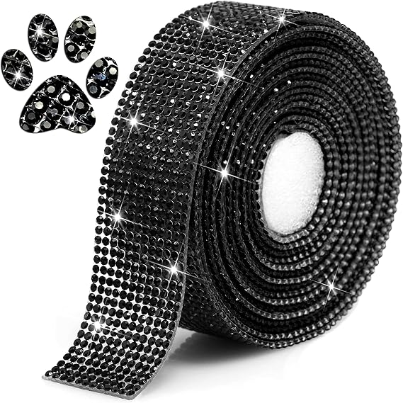 Bling Crystal Rhinestone Ribbon Self-Adhesive Iron-on DIY Glitter Diamond Stickers for Crafts Cars Clothing Decoration(1.06inch 3Yards Black)