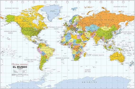 Political World Wall Map, Spanish Language - 40.75" x 27" Matte Plastic