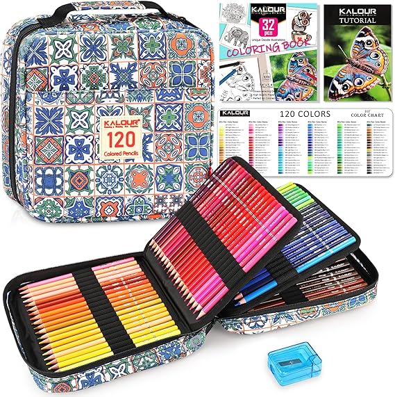 KALOUR PDAS 126 Coloured Pencils Set, 120 Colour Pencils for Adults Beginners Colouring, Premium Soft Core, Colouring Book, Quality Zipper Bag, Drawing Art Supplies Gift for Birthday