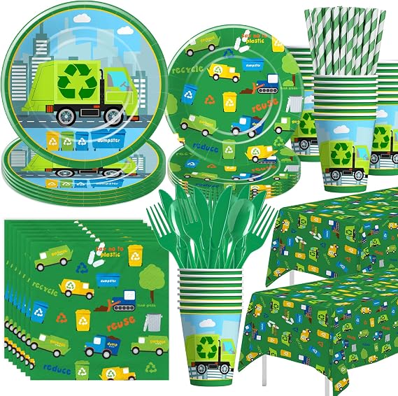 Xigejob Garbage Truck Birthday Party Supplies - Trash Party Decorations Tableware For Birthday Baby Shower, Plate, Cup, Napkin, Tablecloth, Cutlery, Straw, Waste Recycling Party Decorations | Serve 24