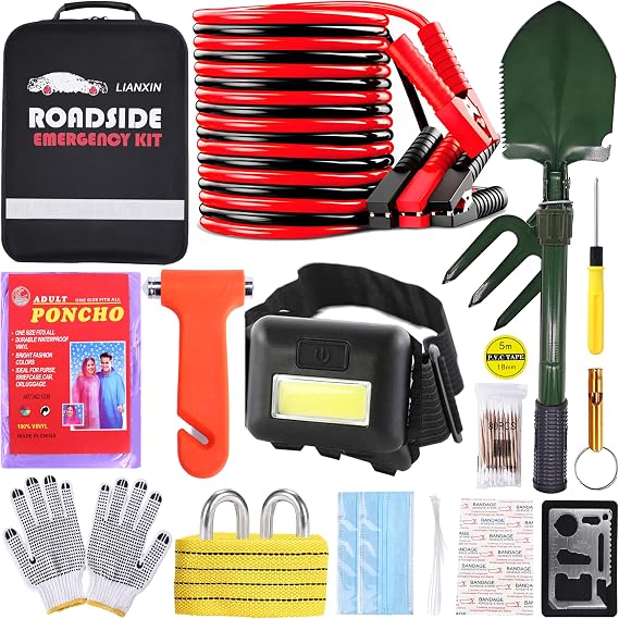 Emergency Car Kit,Automotive Safety Kits with Jumper Cables, Safety Hammer
