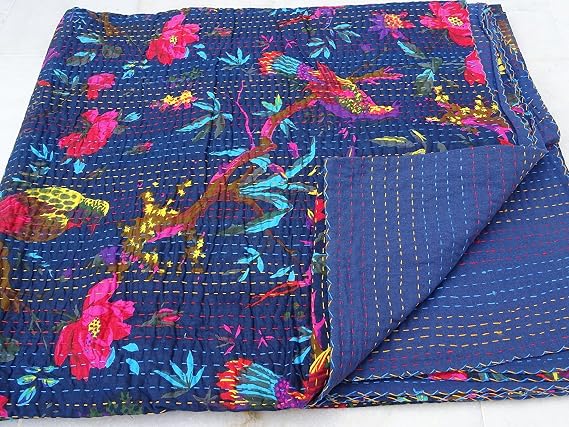 Sophia-Art Twin/King Bed Bohemian Bird Queen Bedspread Handcrafted Handmade Quilt Kantha Bird Print Cover Unique Blanket Bedding Quilt (Blue, Twin 60 * 90 Inches)