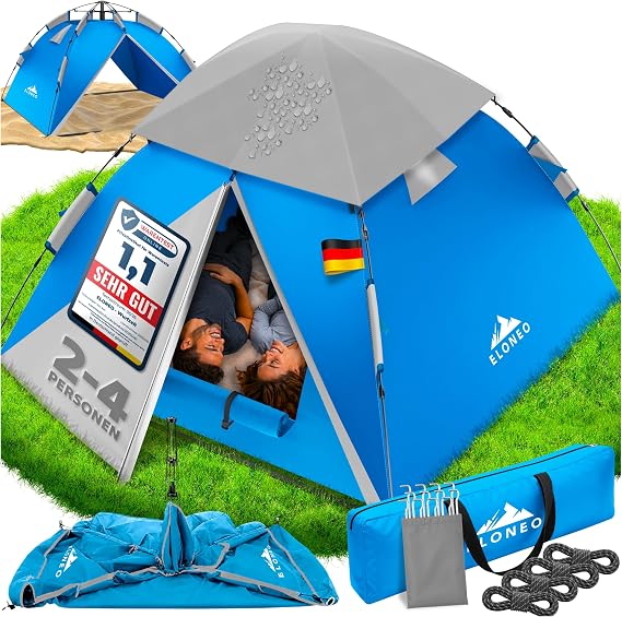 ELONEO Pop-Up Tent – Extra Waterproof & Stable Quick Set Up & Dismantling in 45 Seconds 4 Person Waterproof 3 People Pop Up Tent 2 People Camping Tent