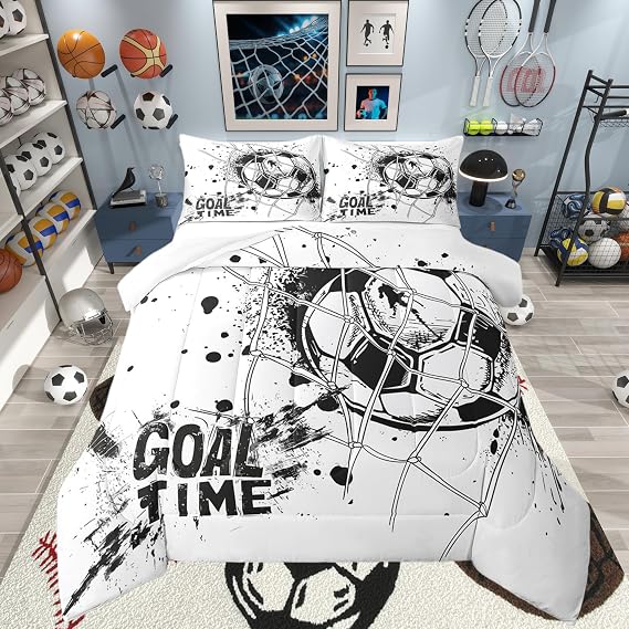 Erosebridal Kids Football Comforter Set Full Size American Soccer Bedding Set Sports Games Duvet Sets for Boys Girls Children Teens Geometric Polygon Quilt for Bedroom, Black White
