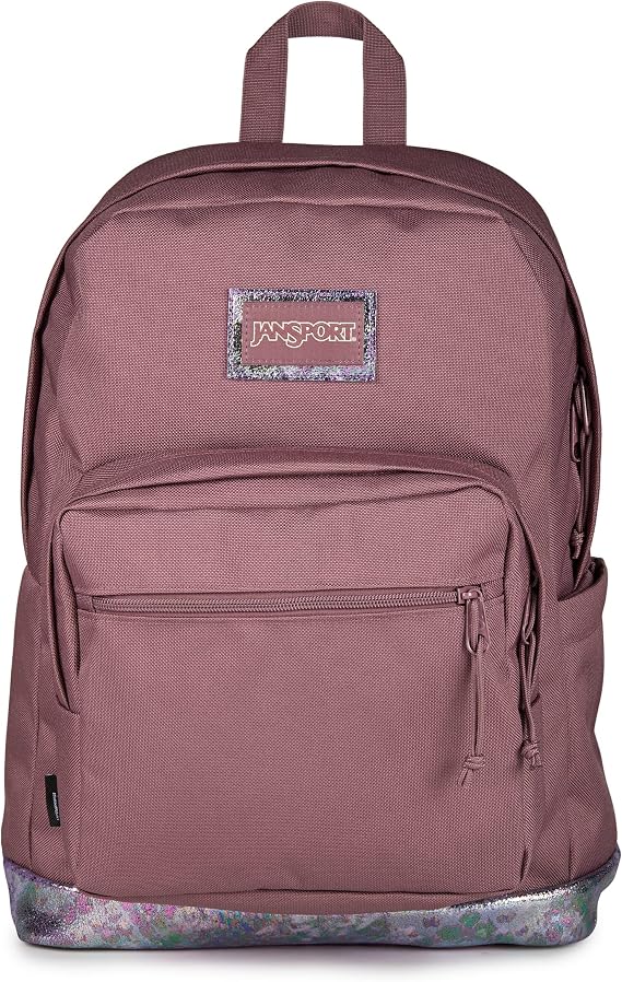 JanSport Right Pack Expressions Backpack 15-inch Padded Laptop Compartment, Water Bottle Pocket, Utility Pocket with Flap, Bog Glam Suede Mahogany Haze/Brn/Pink