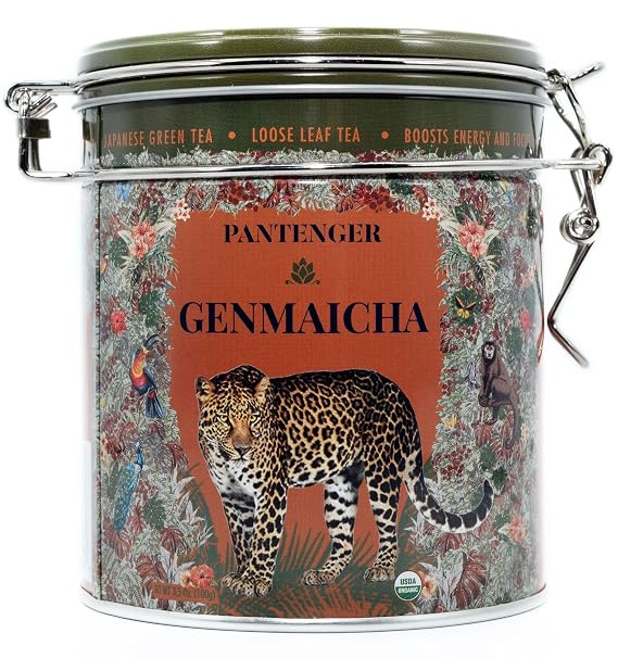Pantenger Organic Genmaicha | Japanese Green Tea Loose Leaf 3.5 OZ | Sencha Tea Leaves With Roasted Brown Rice | Resealable Tea Tin