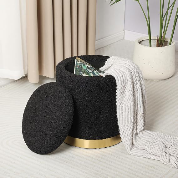 Joveco Boucle Round Ottoman with Storage,Vanity Stool with Storage for Bedroom, Ottoman Coffee Table,Small Boucle Foot Stool for Living Room, Black with Gold Plating