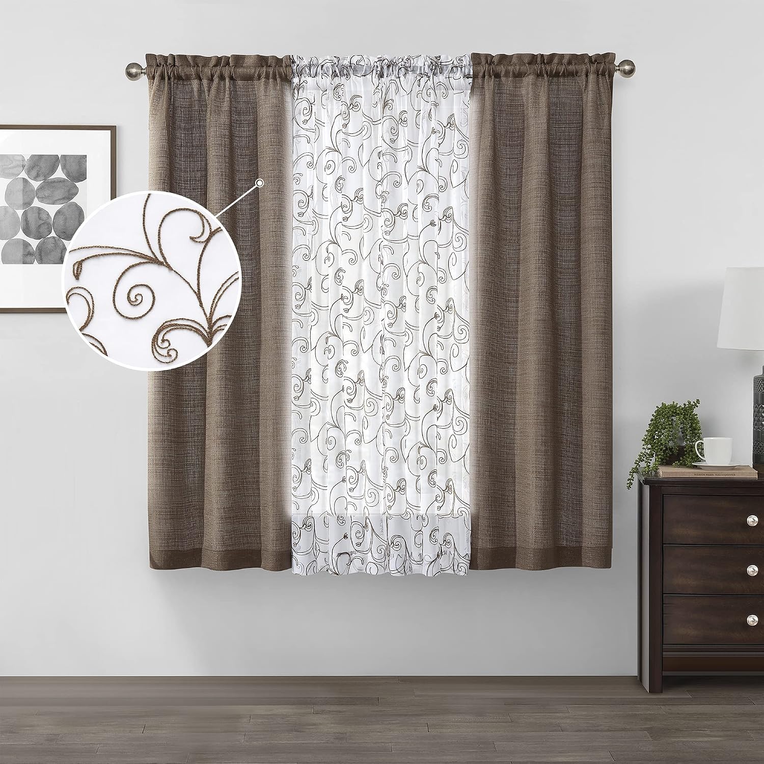 2 Embroidery Floral Semi Sheer Curtains and 2 Burlap Curtains 4 Piece Curtain Set Country Curtains 63 Inch Length Double Curtains for Bedroom 4 Panels, Fossil Brown, W27.5xL63 Inch Each