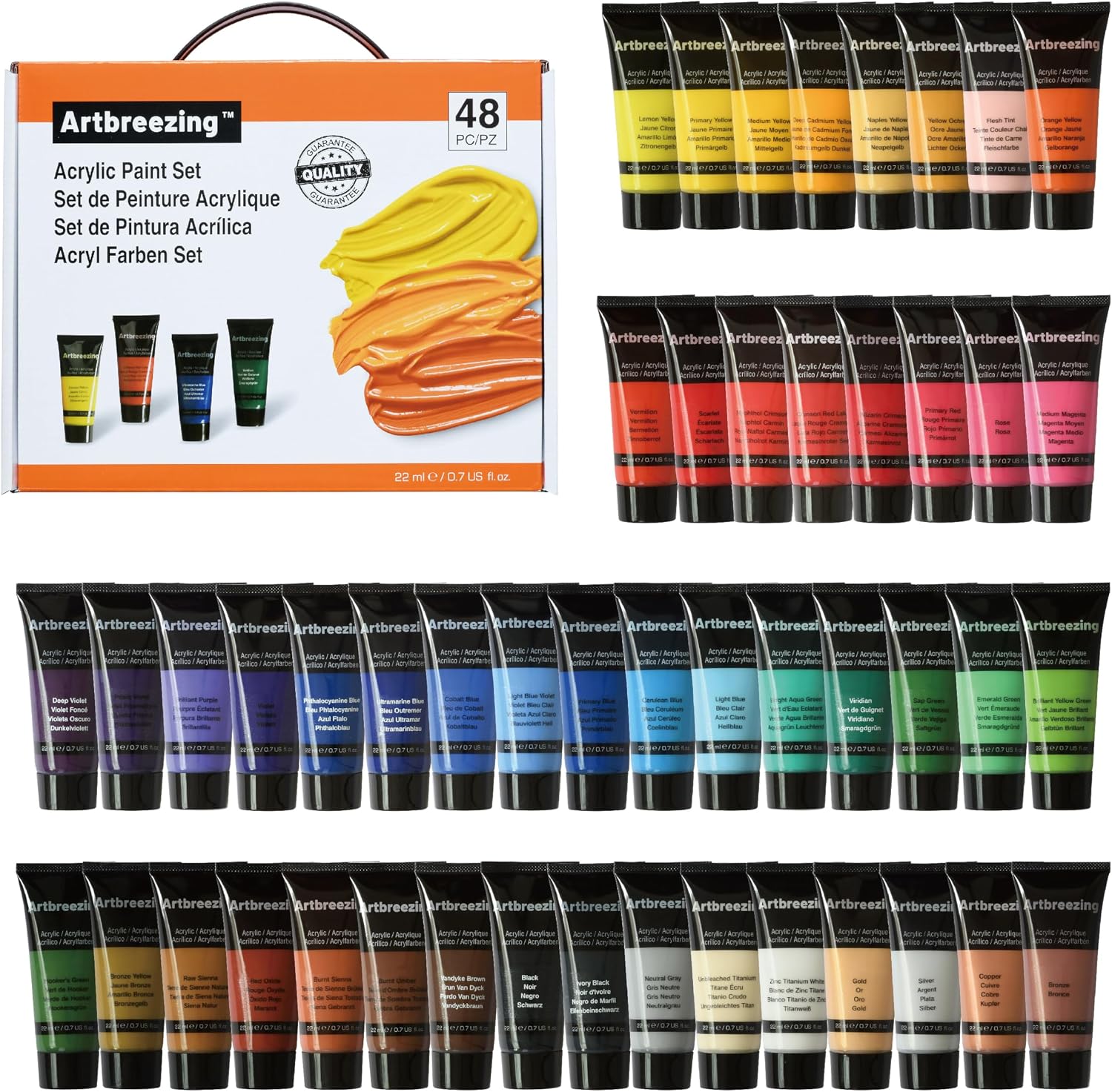 Acrylic Paint Set,48 x 22ml (0.74-oz) Tube Set,Highly Pigment Art Paints for Artists,Beginner to Pro,Ideal for Canvas,Wood,Fabric,Paper (48)