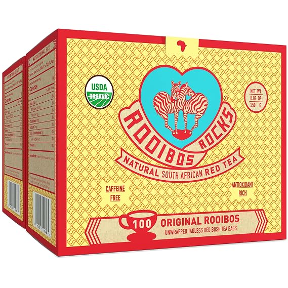 Rooibos Rocks Organic Rooibos Tea Bags - Caffeine-Free, 200 ct | USDA Organic Microplastic-Free Tagless Pillow Tea Bags Naturally Mildly Sweet Flavor Hot or Iced