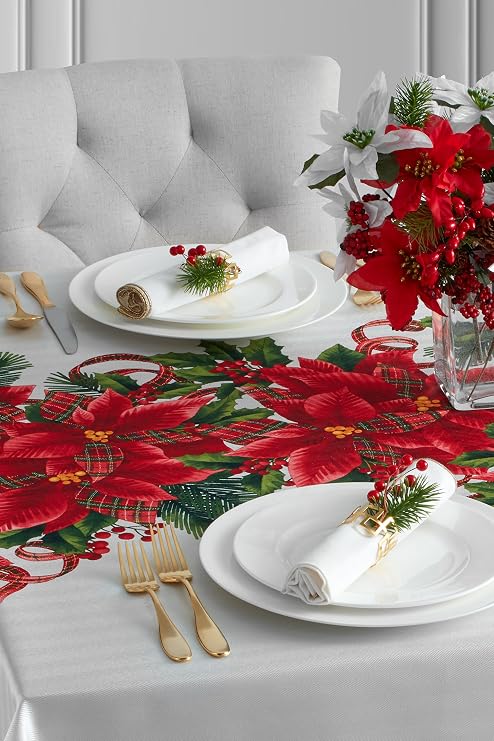 Benson Mills Poinsettia Plaid Garland Herringbone Print Tablecloth (White, 60" X 84" Rectangular)