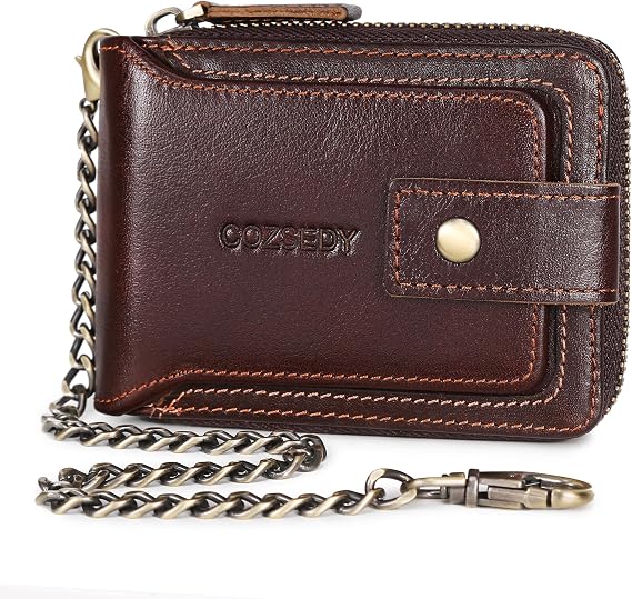 Chain Wallets For Men RFID Blocking Leather Mens Wallet With Zipper, Flap ID Window Zip Coin Pocket Bifold Card Wallets Big Capacity For Travel (Coffee)