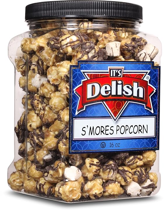 Chocolate S'mores Popcorn by Its Delish, 16 Oz (1 Lb) Jumbo Container Bulk Popcorn, Caramelized with Chocolate and Marshmallows Corn Snack, Parties Non-Dairy, Kosher