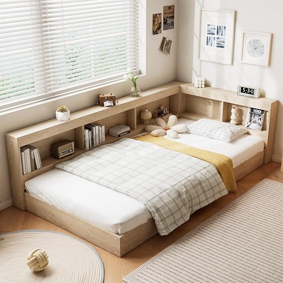 Miyemo Single Bed Frame, 3ft Storage Bed for Adults & Teenagers, Platform Bed with Storage Compartments and Slats, MDF+Plywood, 90 * 190cm, White Oak, (No Mattress)