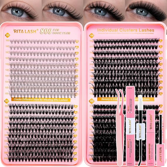 RITALASH Lash Extension Kit DIY Lash Clusters 800pcs Cluster Lashes Individual Lashes Book Set Eyelash Extension Kit with Lash Bond and Seal,Lash Remover,Lash Tweezers(10D+30D+50D+80D Kit,8-16mm)