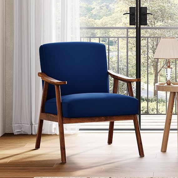 Mid Century Accent Chair, Boho Farmhouse Accent Chairs for Living Room, Retro Single Lounge Reading Armchair with Solid Wood Frame (Dark Blue, Velvet Fabric)