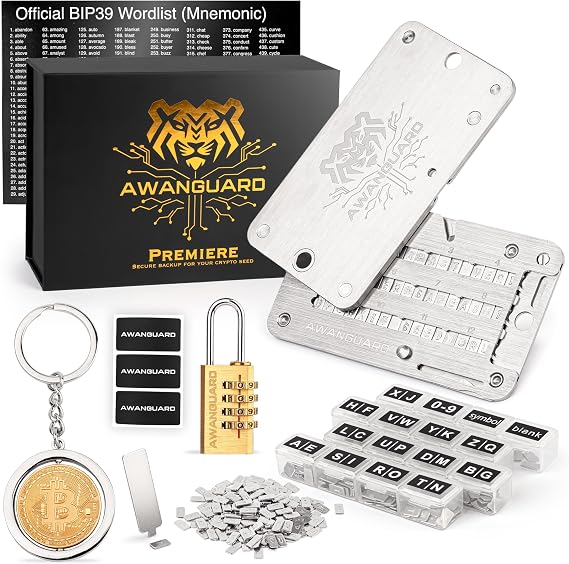 Premiere - Bitcoin Steel Wallet 24 x Seed Phrase Recovery Key Backup Metal Plate Offline Crypto Key Steel Wallet Cold Crypto Seeds Storage - Compatible with All BIP 39 Wallets