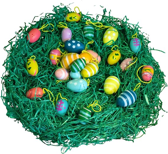 Papiertiger 36 wooden eggs for hanging with cord 12 x medium large (3 cm) + 24 x small (2 cm) including 50 g Easter grass natural Easter decoration with stylish charm