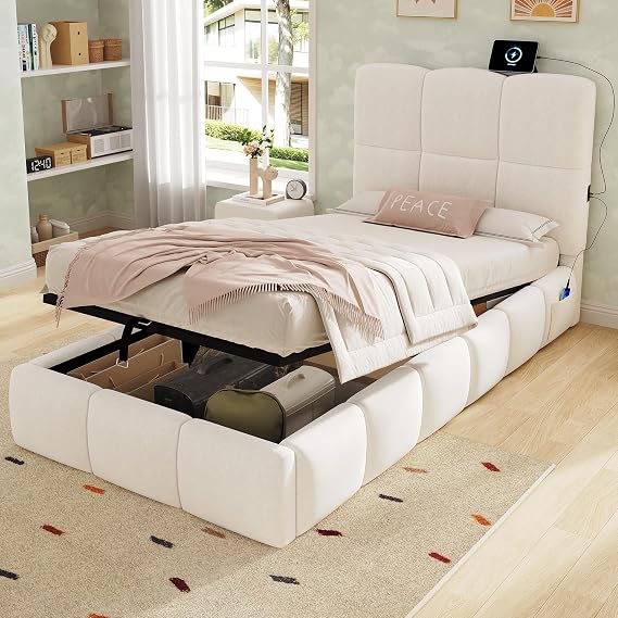 Merax 3ft Single Upholstered Bed with Storage, Single Ottoman Bed Frame, Hydraulic Bed with Panel Grid Headboard, for adults and teenagers, Velvet, Beige, 90x190 cm (No Mattress)