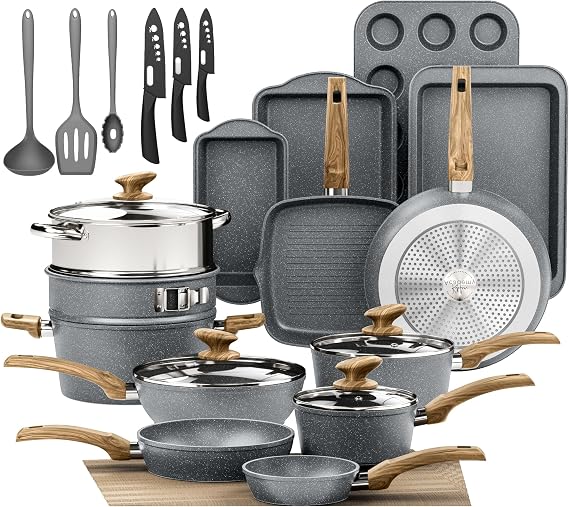 Kitchen Academy NonStick Bakeware and Cookware Set, 30 Pieces Grey | Non-Stick Pots and Pans Set, Induction Pan Set, Granite Non-Stick Saucepan Set for Induction Hobs, Gas, Microwaves