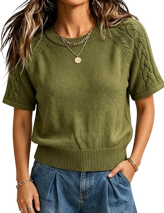 Yeokou Women's Short Sleeve Sweater Round Neck Knit Crochet Pullover