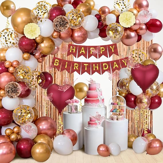 Burgundy Rose Gold Balloons Birthday Decorations, All-in-One