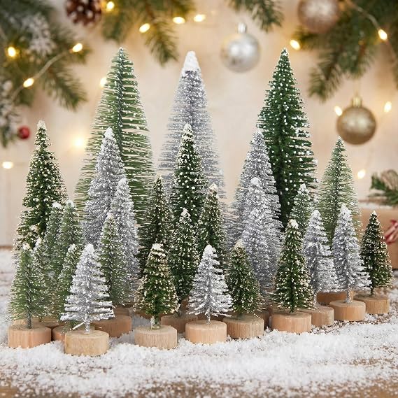 SHINDEL 45 PCS Mini Sisal Trees with Snow, Sisal Snow Frost Bottle Trees
