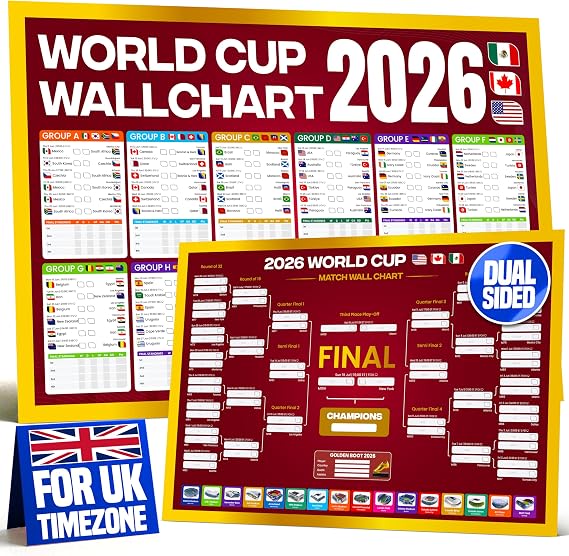 2026 World Cup Wall Chart A1 Red - Football Fixtures, Times & Sweepstake