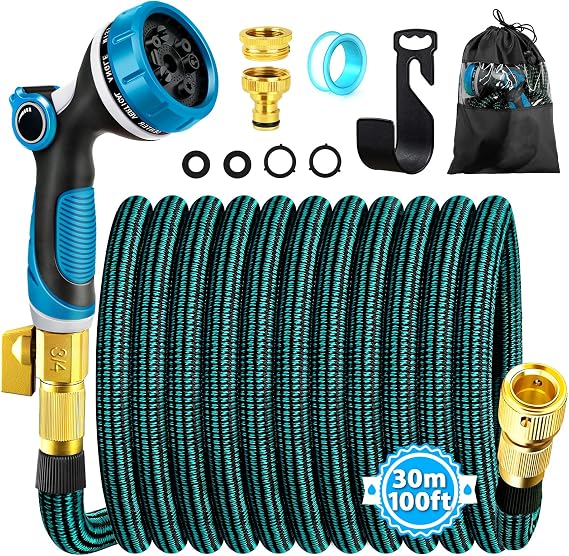 Expandable Garden Hose Pipe 30m 100ft, Retractable Hosepipes for Garden with 10 Functions Spray Gun, Expanding Magic Water Hose Attachments 3/4"&1/2" Brass Connectors, Flexible Hose Anti-Kink