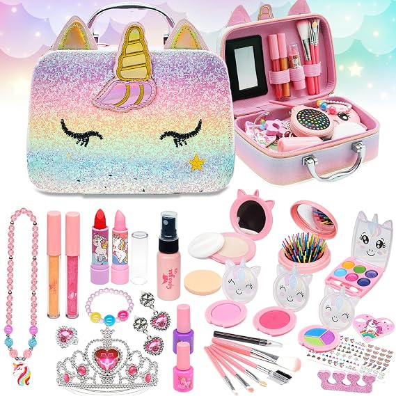 Mrabbitoo Kids Real Makeup Kit for Girls - 63Pcs Non-Toxic Washable Little Girls Make Up Toys, Princess Cosmetics Set for Toddlers to Tweens
