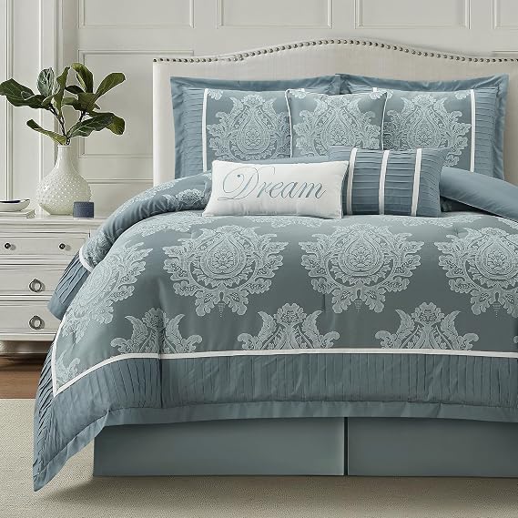 LANCO MODERN LIFESTYLE Blue King Size Comforter Set 7 Pieces, Jacquard Woven with Damask, Bedding Set in a Bag Includes Comforter, Bed Skirt, Pillow Shams, and Decorative Pillows