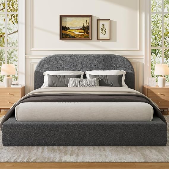 BLANKSPACE Queen Cloud Bed Frame with Upholstered Curved Headboard, Gray