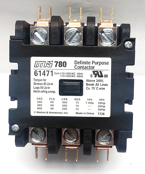 MARS 61471 110-120 VAC, 20-30 HP AT 3 Phase, 3 Pole, 50/60 HZ, 60 AMPS, 7.5 HP AT Single Phase, CONTACTOR, Definite Purpose (DP)