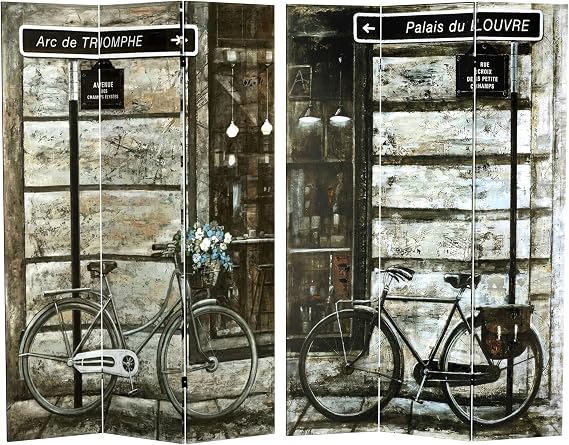 Red Lantern 6 ft. Tall Double Sided Paris Streets Canvas Room Divider, Parisian Bicycles