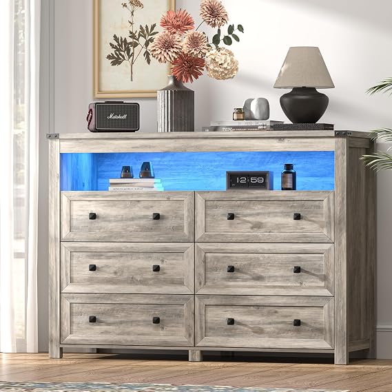 Xixini Dresser for Bedroom with 6 Drawers, LED Lights, Power Outlet, Grey | 47.2" Wide Wood Chest of Drawers, Modern Storage Cabinet, Closet Clothes Organizer, Anti-Tip Kit, Living Room, Hallway